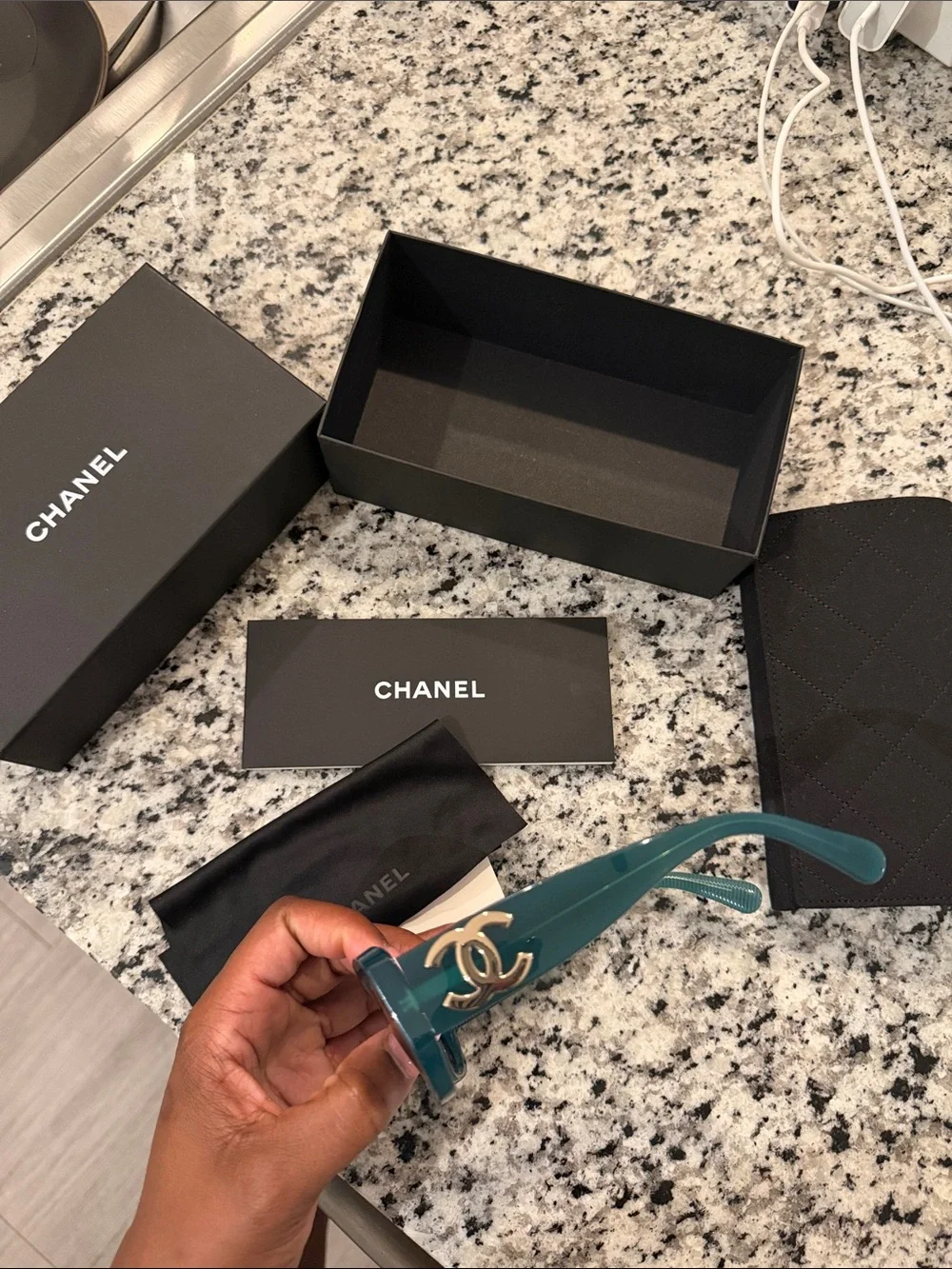 CHANEL Teal Rectangular Sunglasses